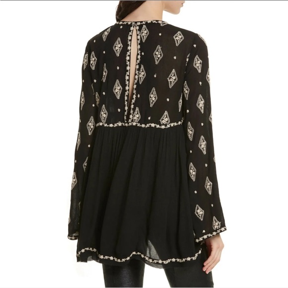 Free People V Neck Embroidered Long Sleeve Tunic Mini Dress Black cream … - Picture 4 of 11